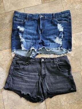 Distressed Blue Denim & Washed Black Jean Shorts Set